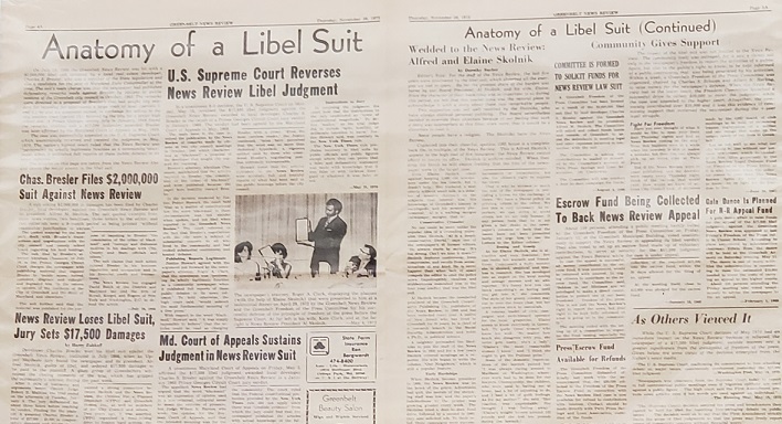 The Greenbelt News-Review 1970s front page announcing 
victory in a landmark libel-defence.